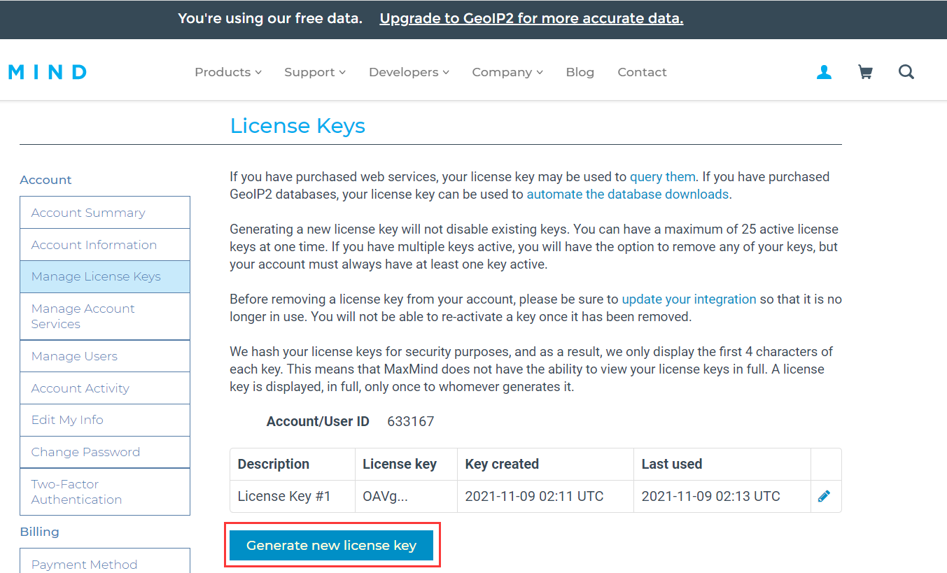 Generate new license key